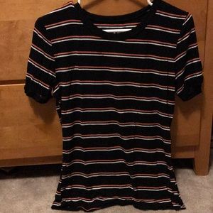 Black, white, and orange striped shirt